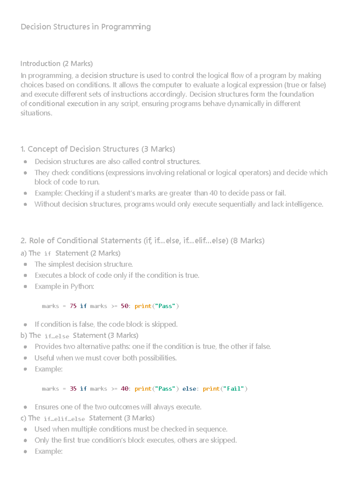 Decision Structures in Programming: An Introduction (2 Marks) - Studocu
