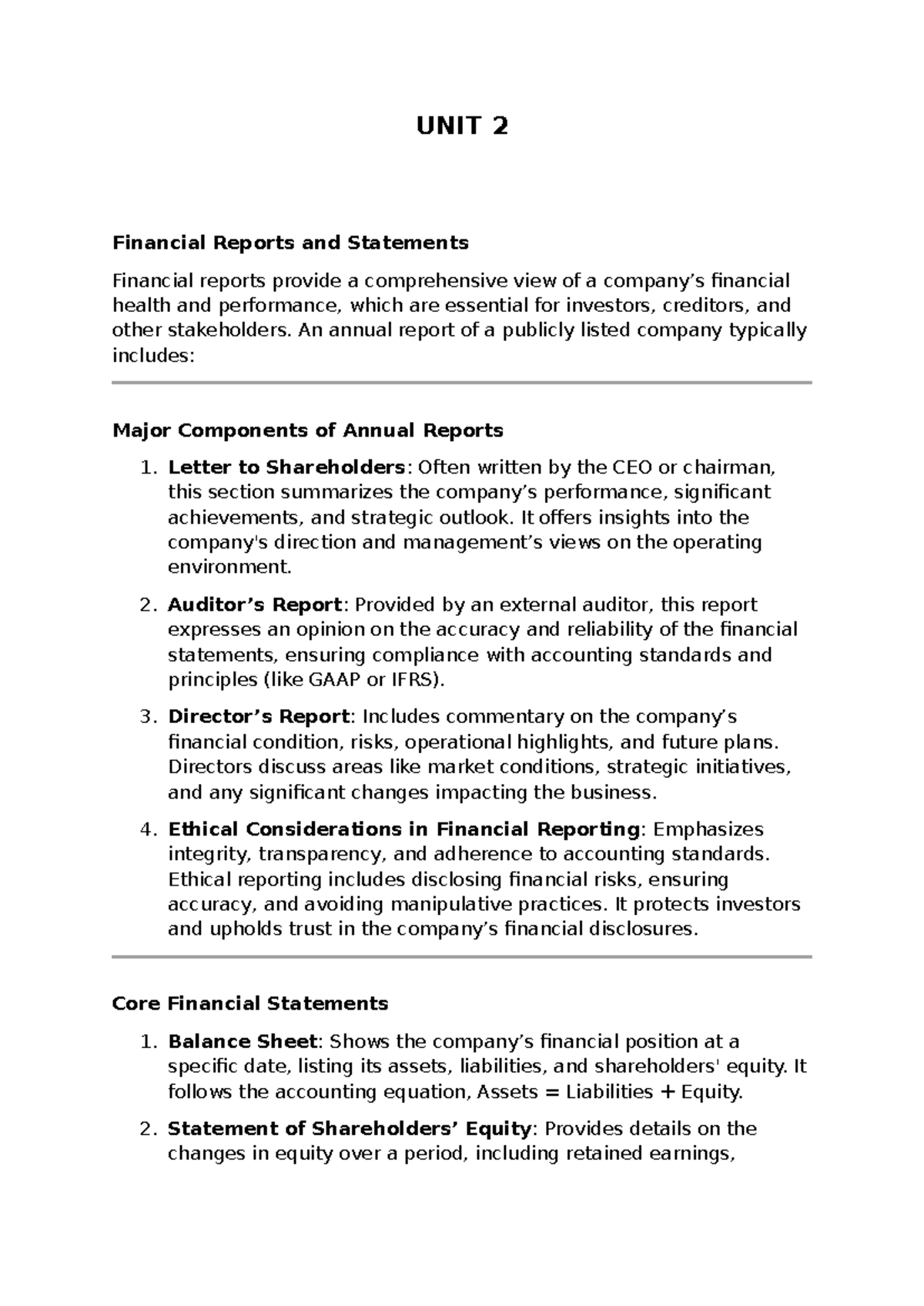 UNIT 2 MA - Financial Reports & Statements Overview - Studocu