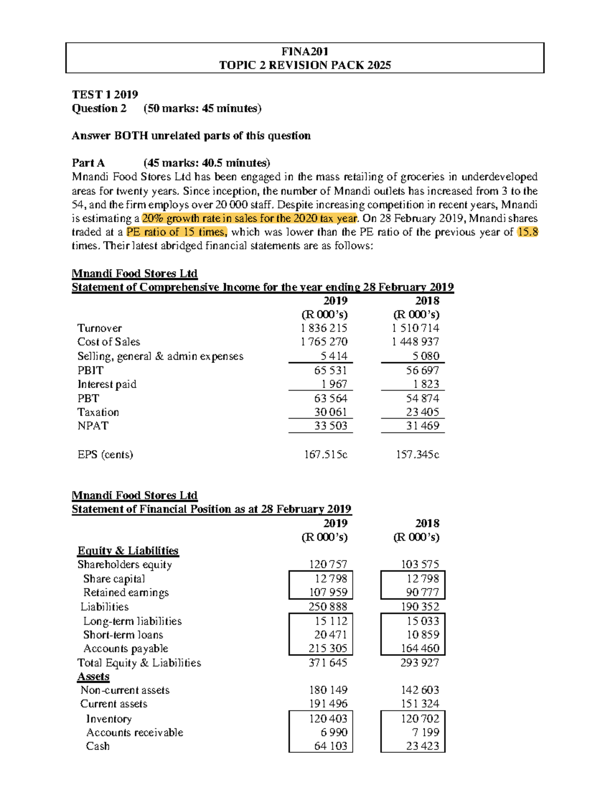 FINA201 Topic 2 Revision Pack 2025: Test 1 Analysis and Solutions - Studocu