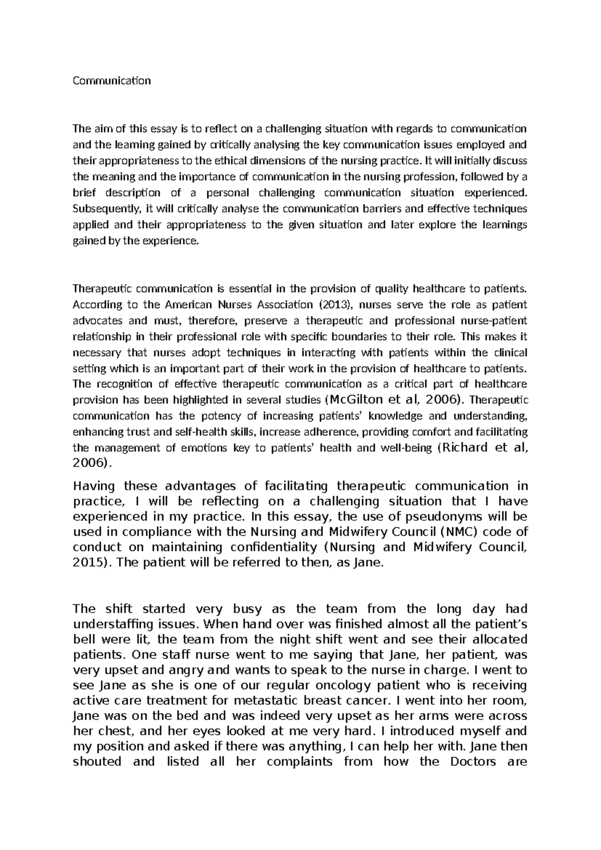 NUR302 - Reflective Essay on Therapeutic Communication Challenges in ...