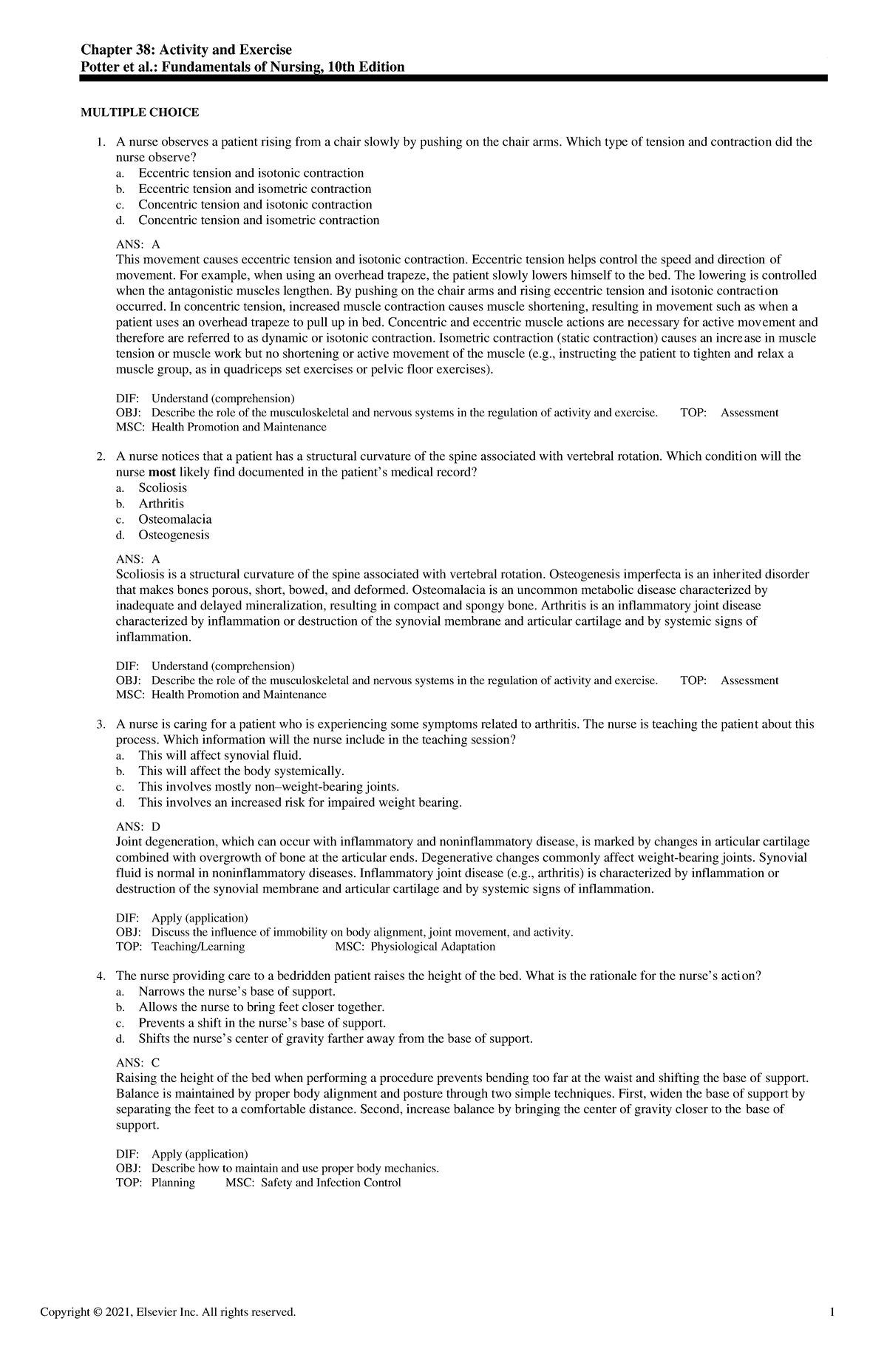 NUR 151 Final Exam - Chapter 38: Activity and Exercise Insights - Studocu