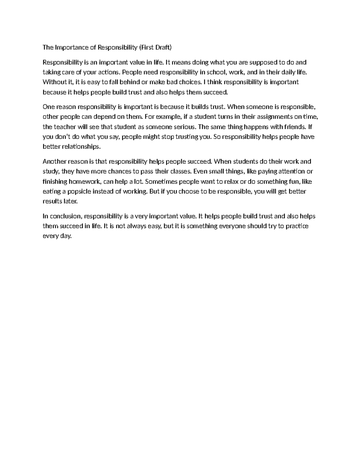 Essay Draft: The Importance of Responsibility in Life - Studocu