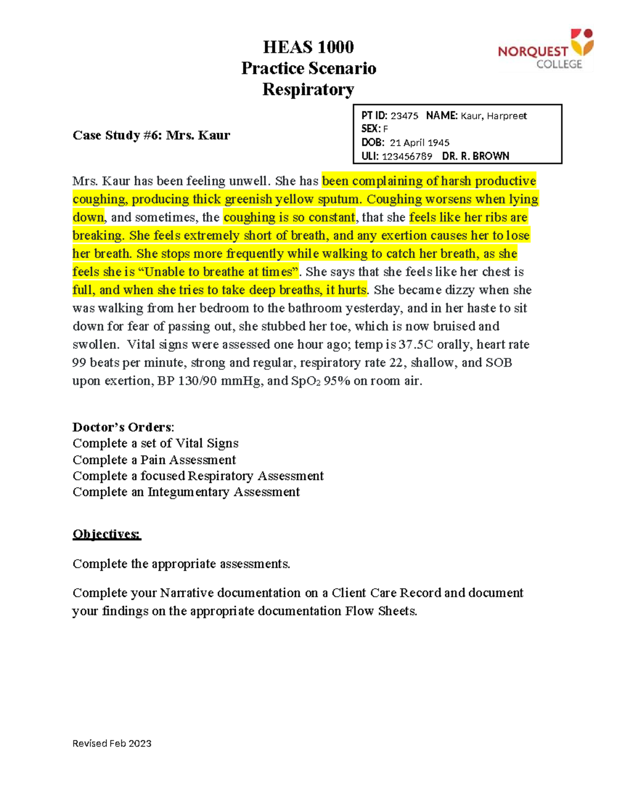 HEAS 1000 Lab Practice Scenario #6: Respiratory Case Study - Studocu