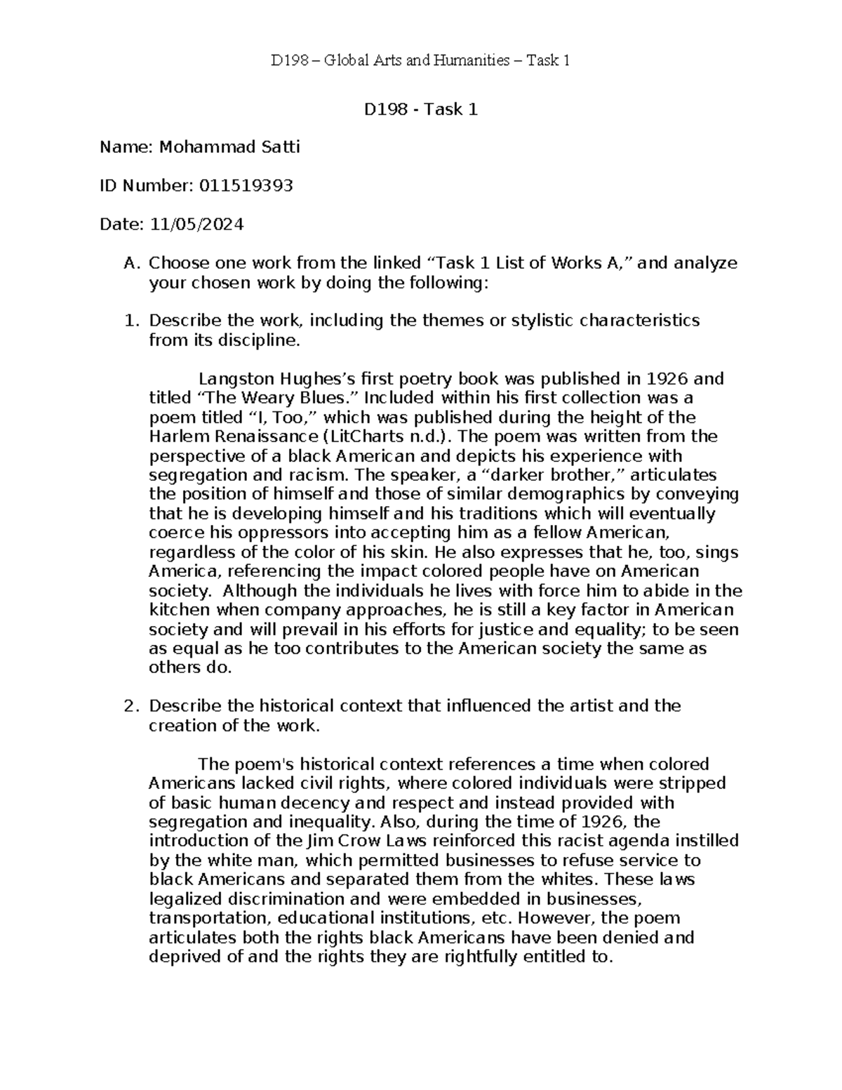 D198 Global Arts and Humanities Task 1 Analysis of Hughes and Brooks ...