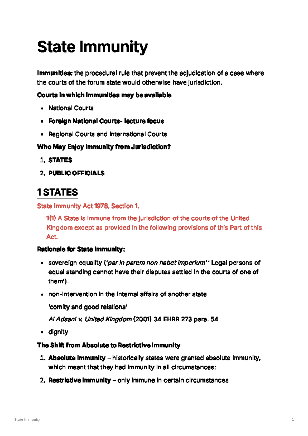 State Immunity: Lecture Notes on Jurisdictional Immunities and ...