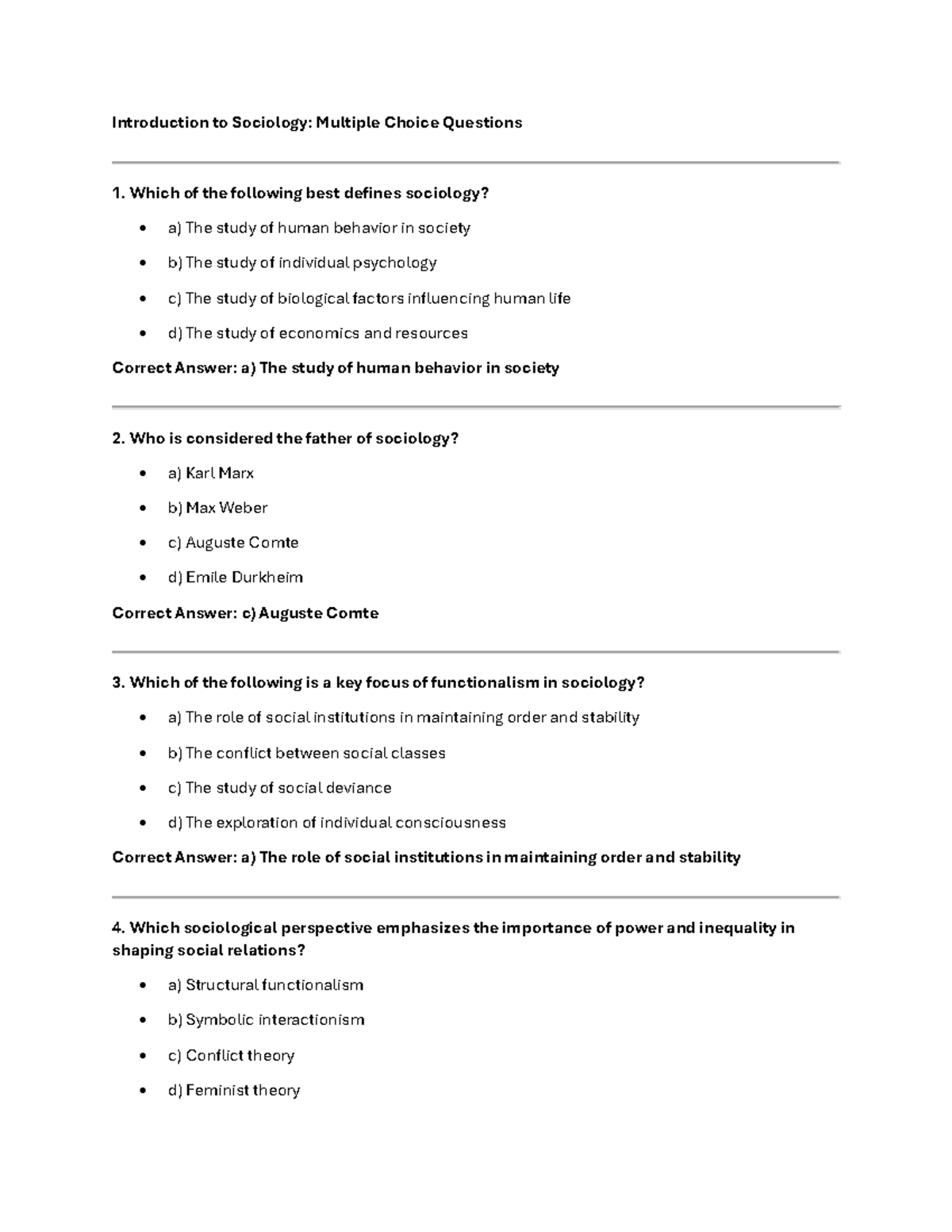 Introduction to Sociology MCQs: Key Concepts and Theories - Studocu