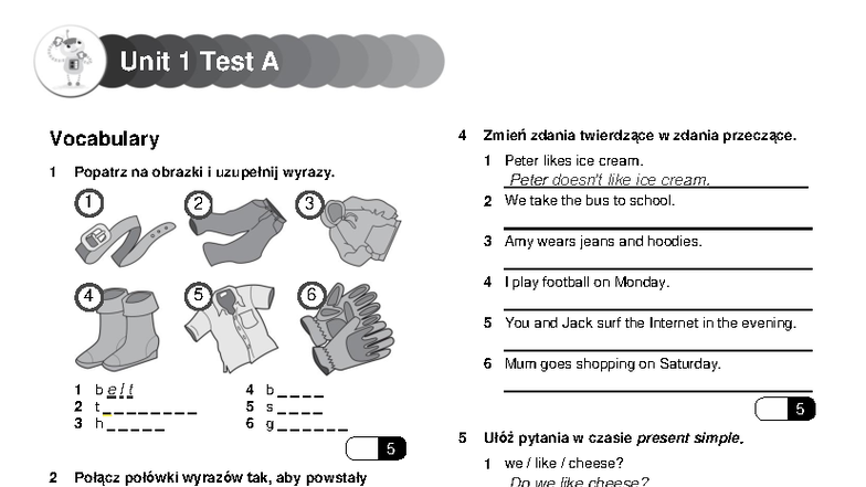 Unit 1 Test A: Vocabulary & Grammar Exercises for Class V - Studocu