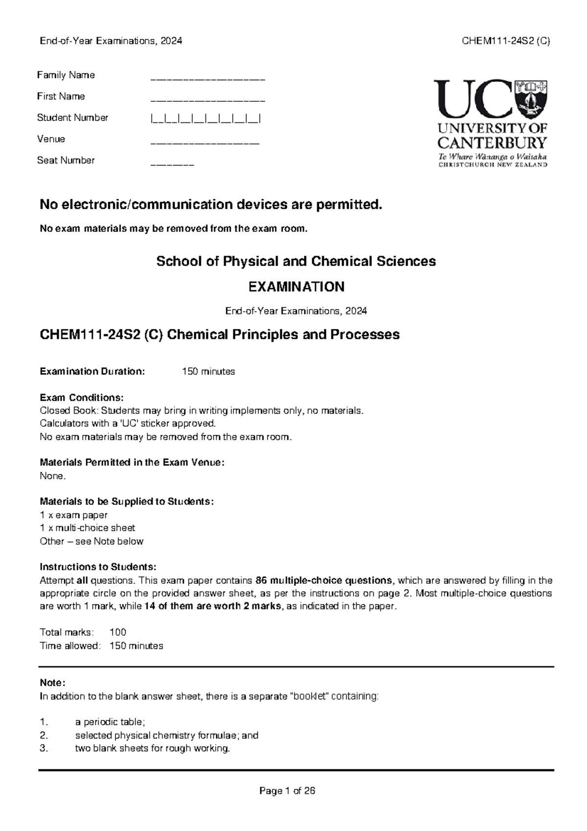 CHEM111 Final Exam 2024: Chemical Principles & Processes Answers - Studocu