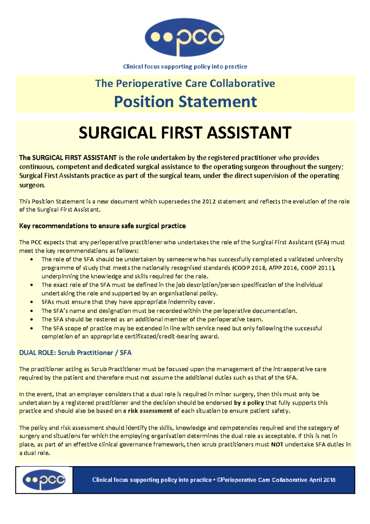 PCC Position Statement on Surgical First Assistant Role (2018) - Studocu