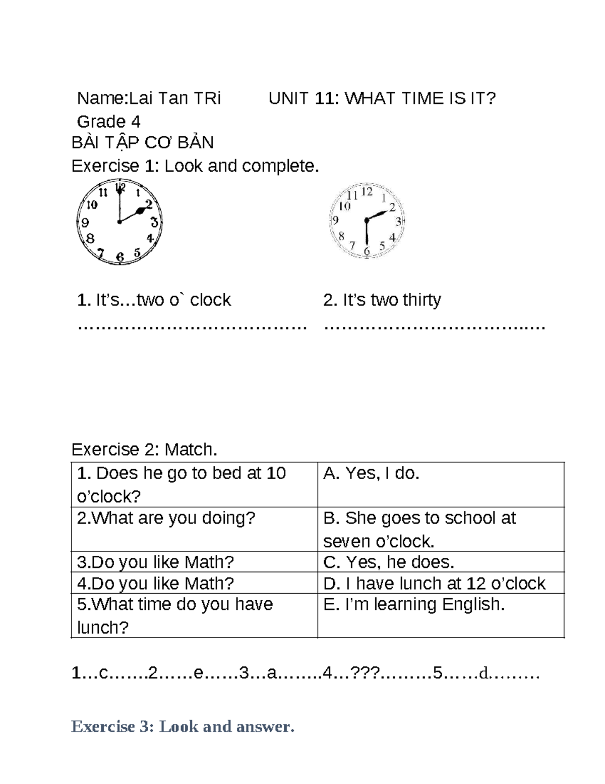 Btap - English Grade 4 Unit 11: What Time Is It? Exercise Collection ...