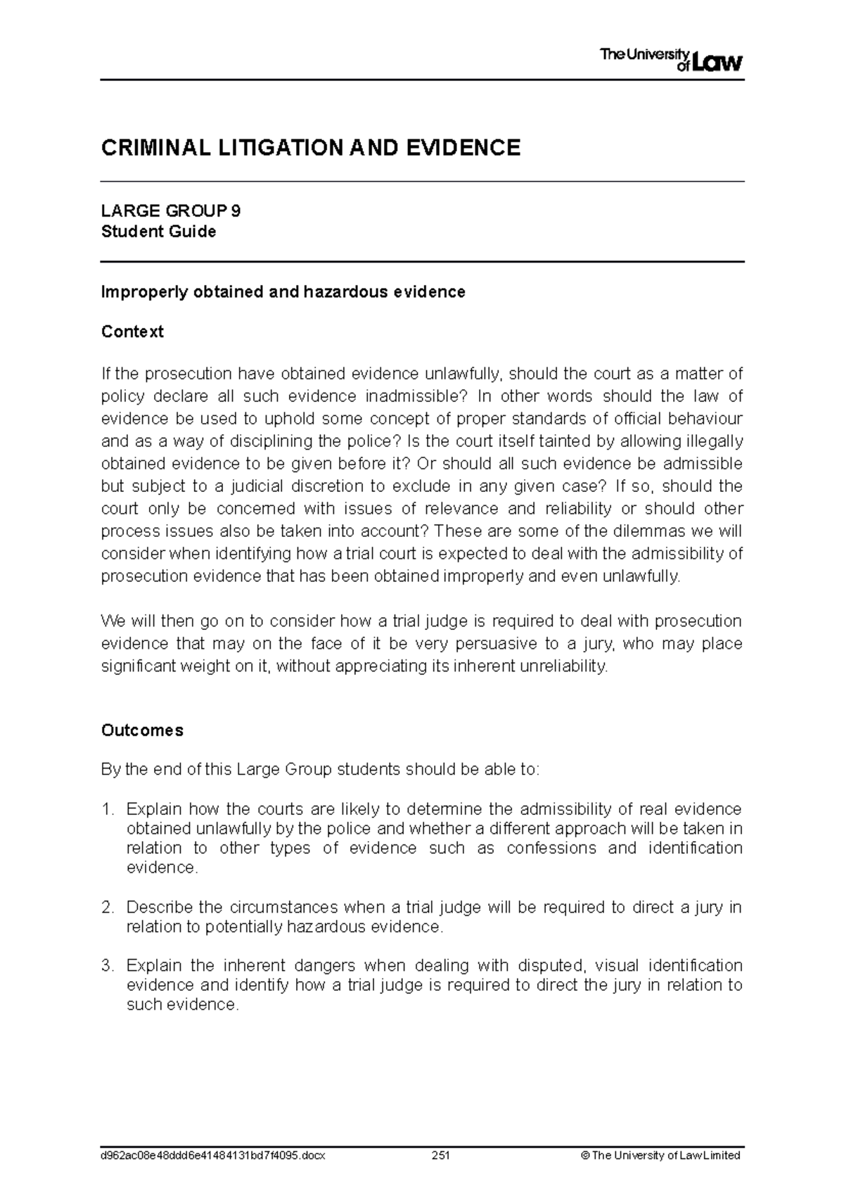 Criminal Litigation and Evidence: LG 9 - Admissibility of Proof Issues ...