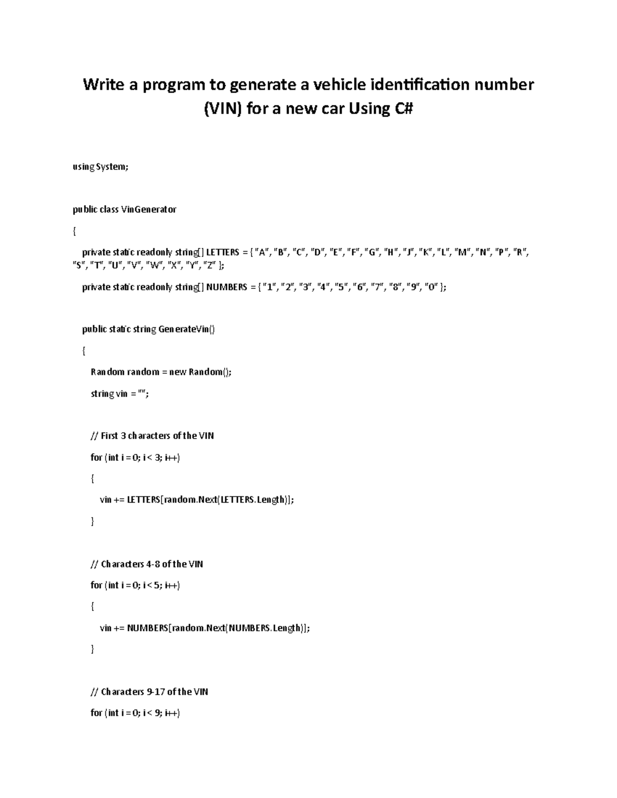 Using C# - Write a program to generate a vehicle identification number ...
