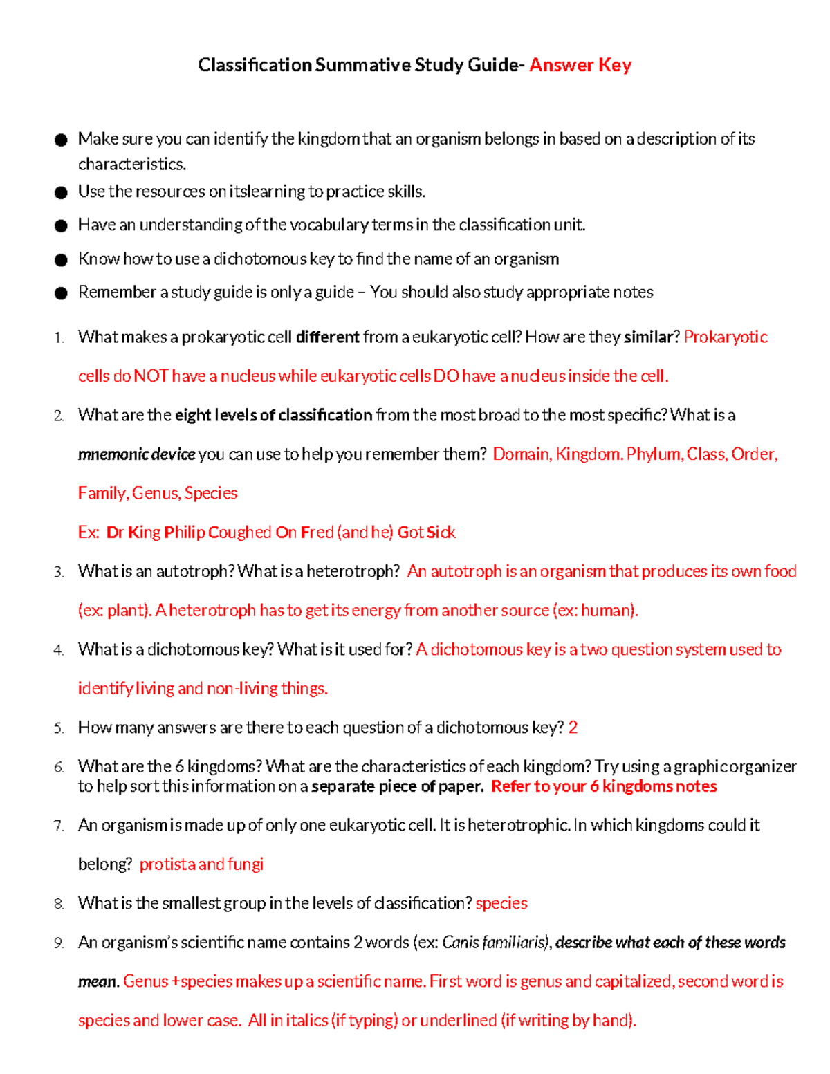 BIOL101 Classification Summative Study Guide - Answer Key - Studocu