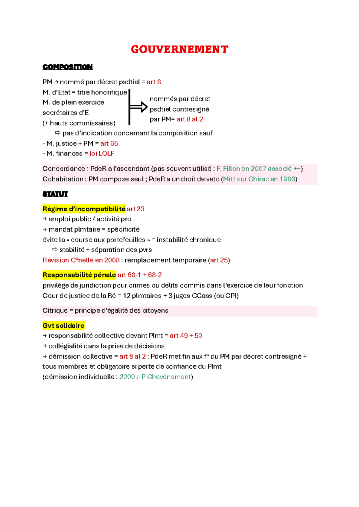 Gouvernement: Composition et Attributions - Studocu