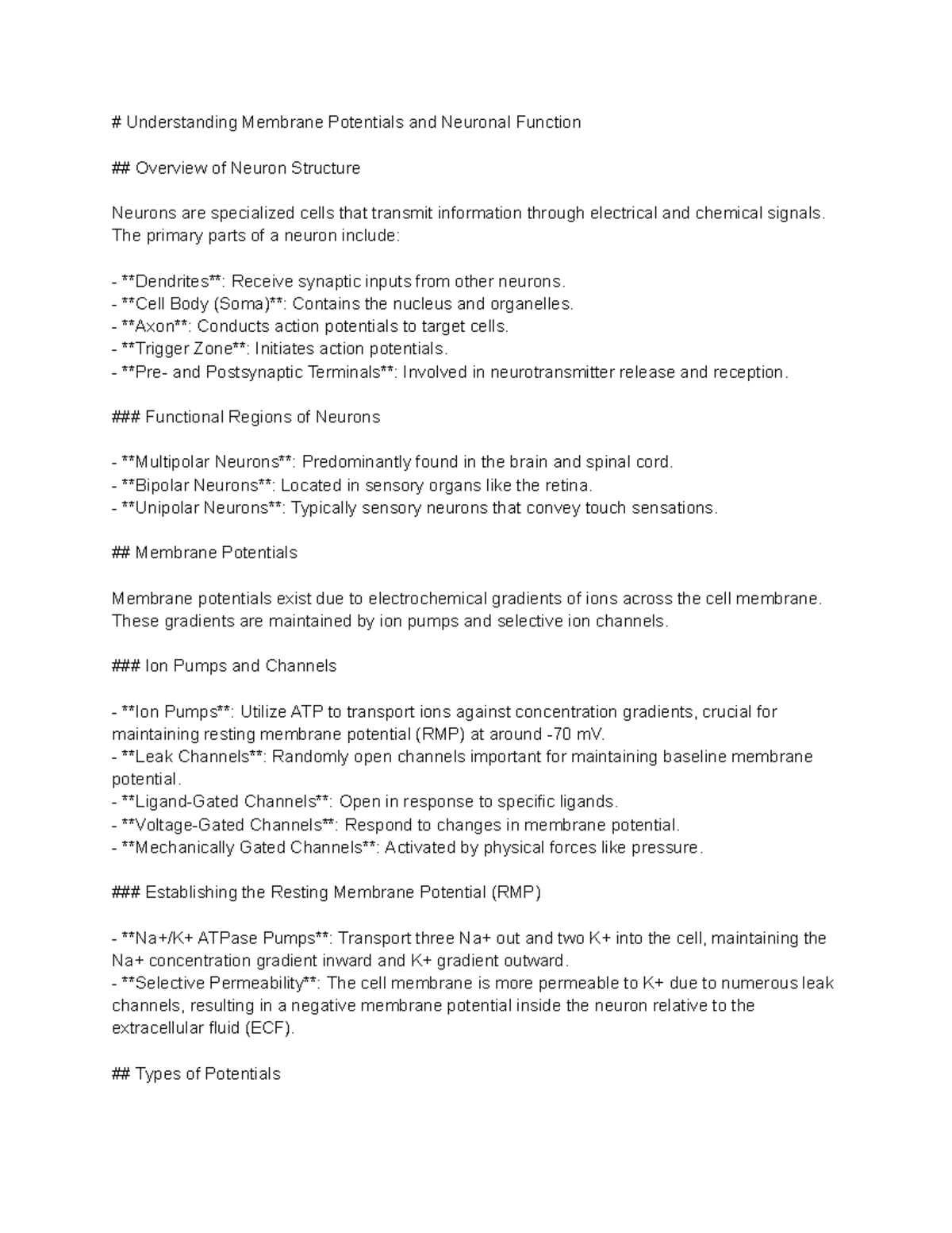 # Understanding Membrane Potentials and Neuronal Function - The primary ...