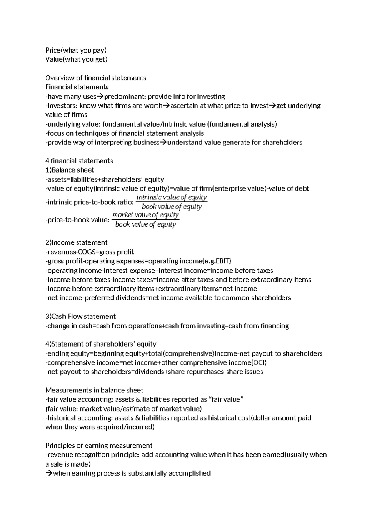 EF4314 Week 1 Notes: Overview of Financial Statements and Valuation -  Studocu