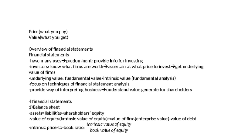 EF4314 Week 1 Notes: Overview of Financial Statements and Valuation ...