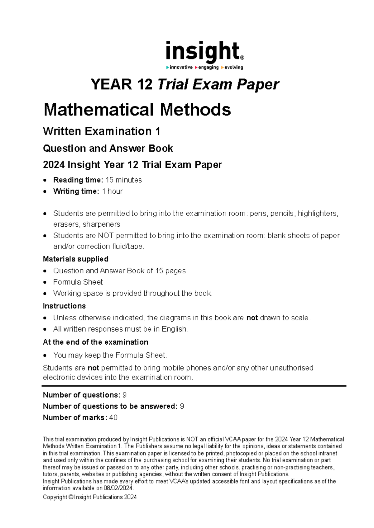 2024 VCE Mathematical Methods 1 Trial Exam Paper - Insight Publications ...