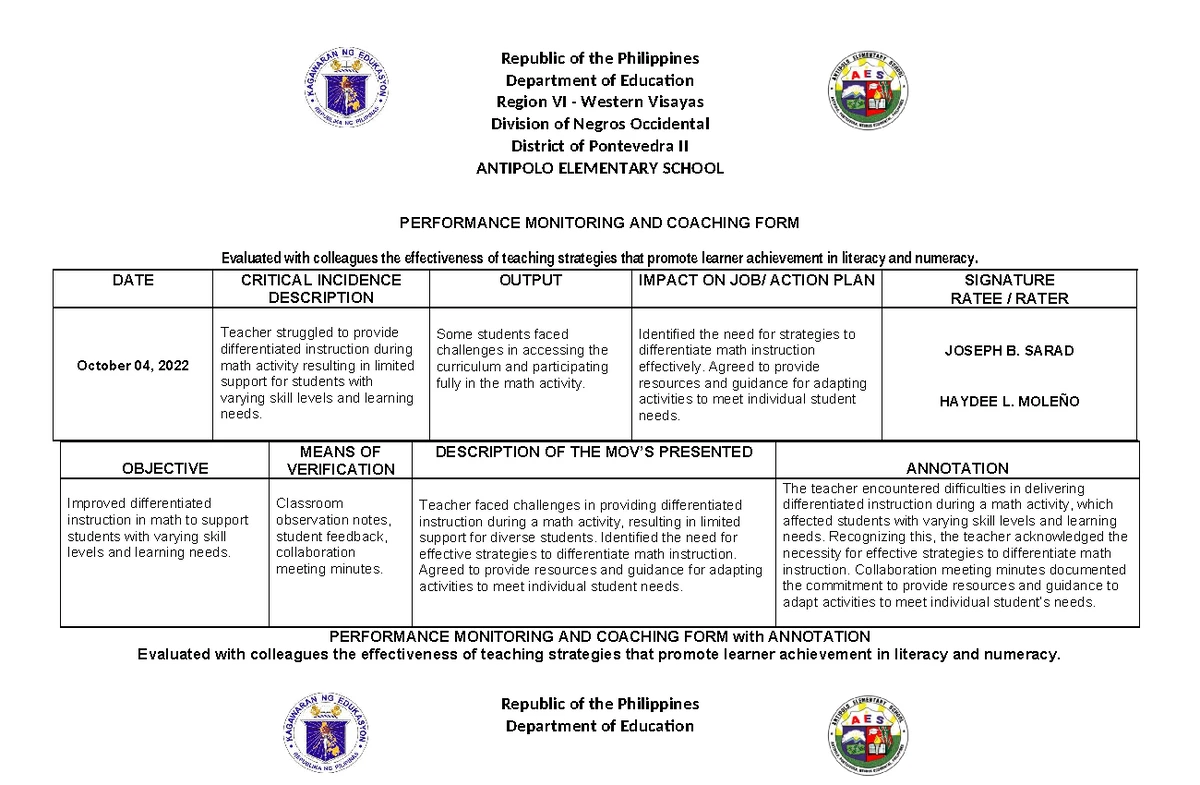 Performance Monitoring and Coaching Form (PMCF) - Antipolo Elementary ...