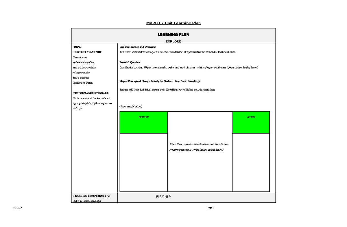 Final Exam Learning Plan for MAPEH 7: Music of Lowlands, Luzon - Studocu