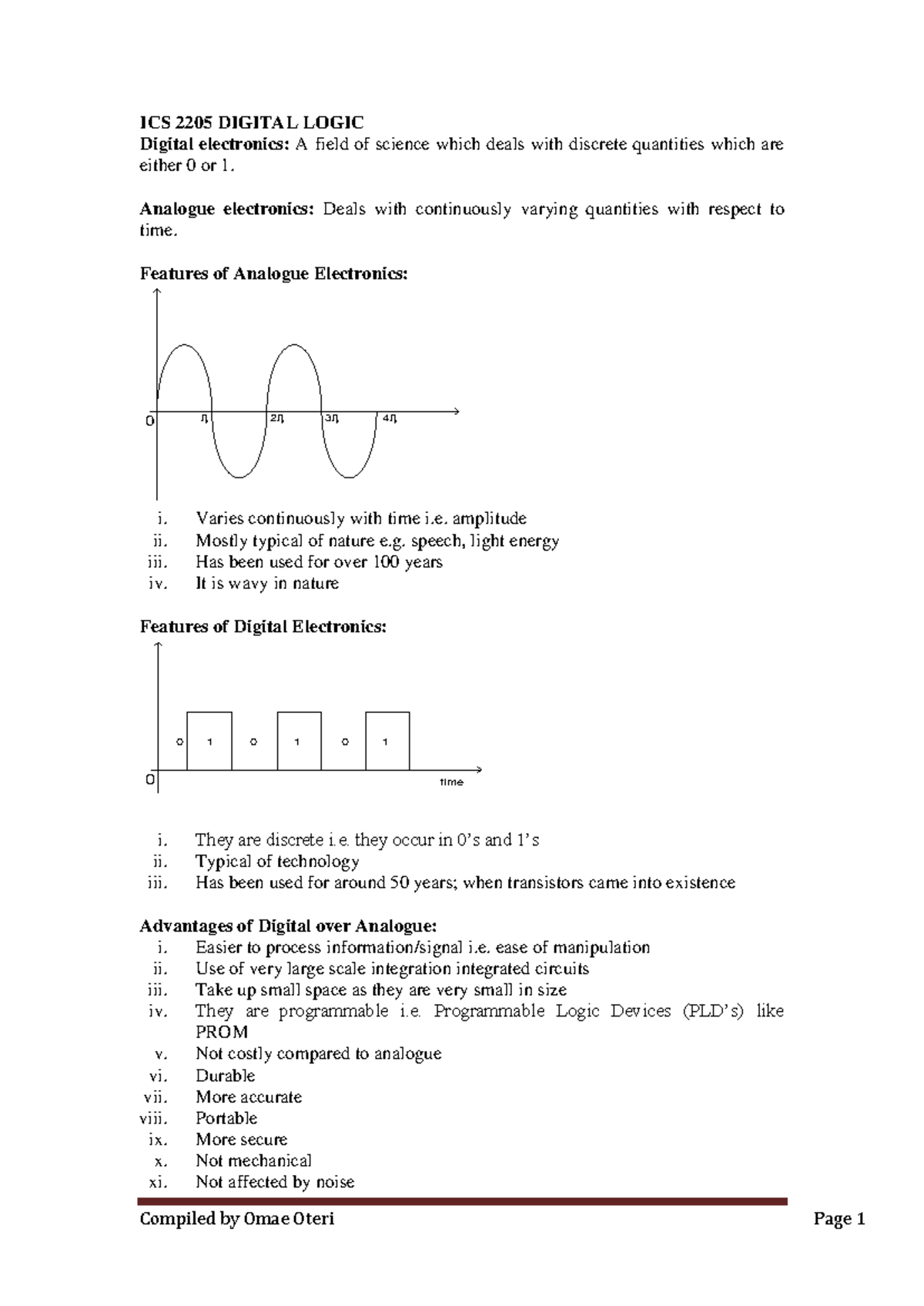 ICS 2205 Digital Logic: Overview of Digital and Analogue Electronics - Document Preview