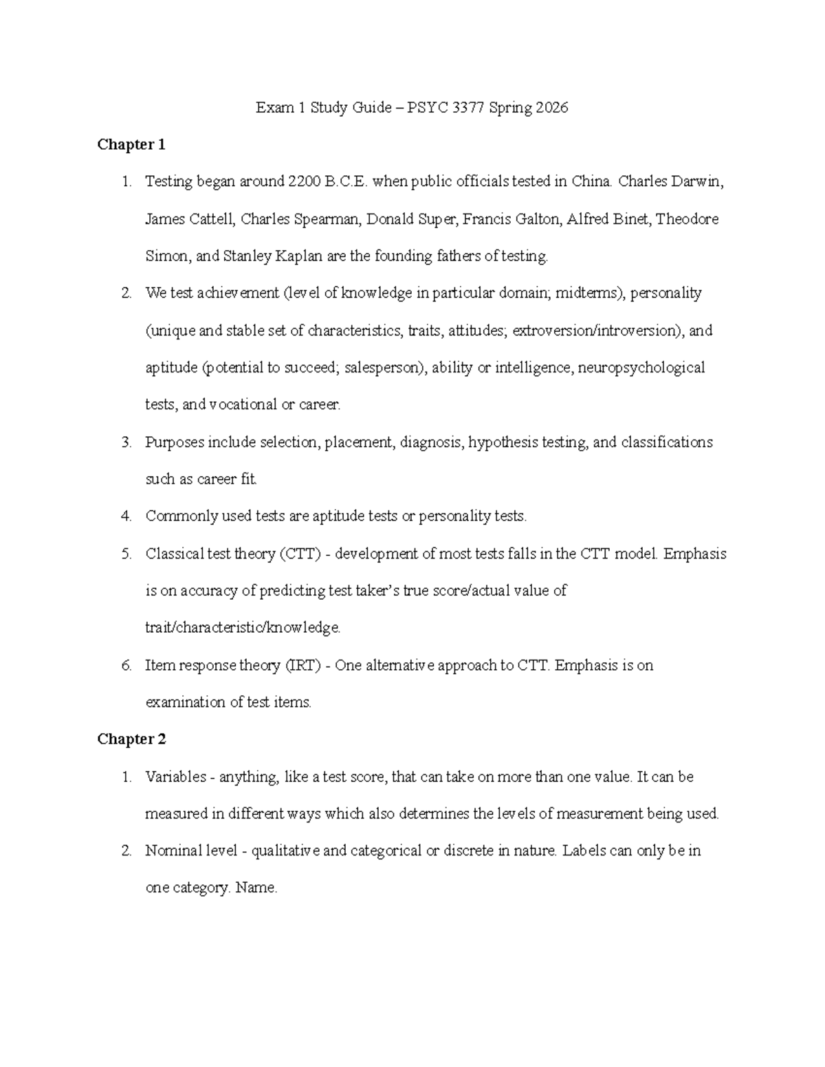 Exam 1 Study Guide – PSYC 3377 Spring 2026 - Studocu