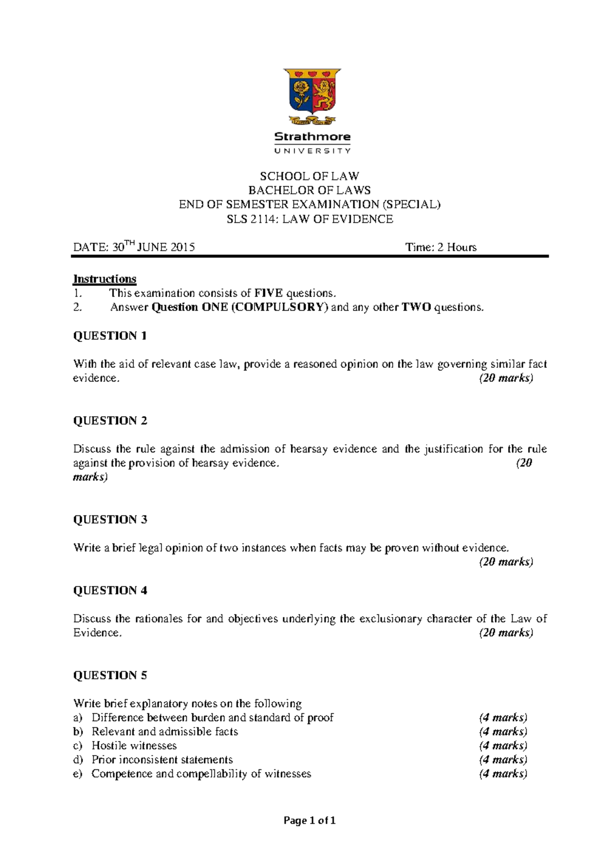 SLS 2114: Law of Evidence - End of Semester Exam June 2015 - Studocu