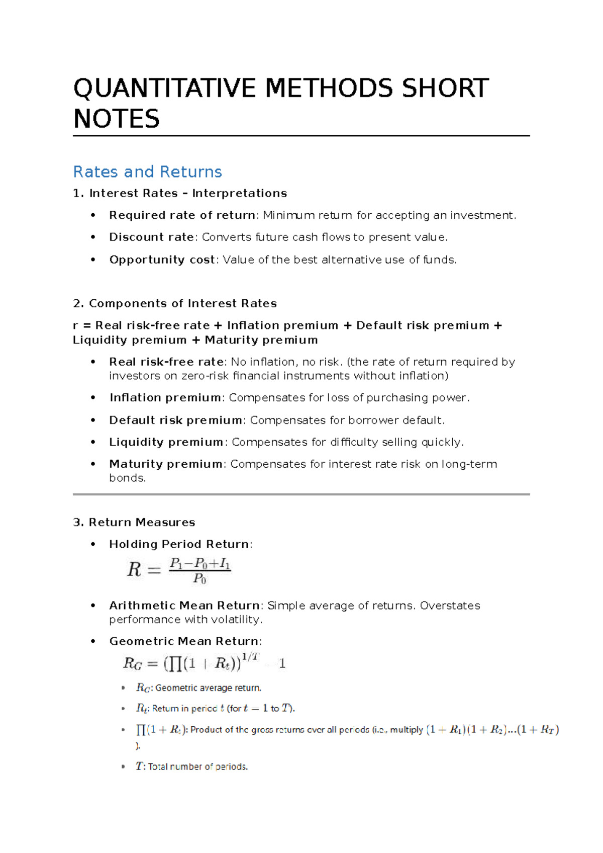 Quantitative Methods (QM101) Short Notes on Rates and Returns - Studocu