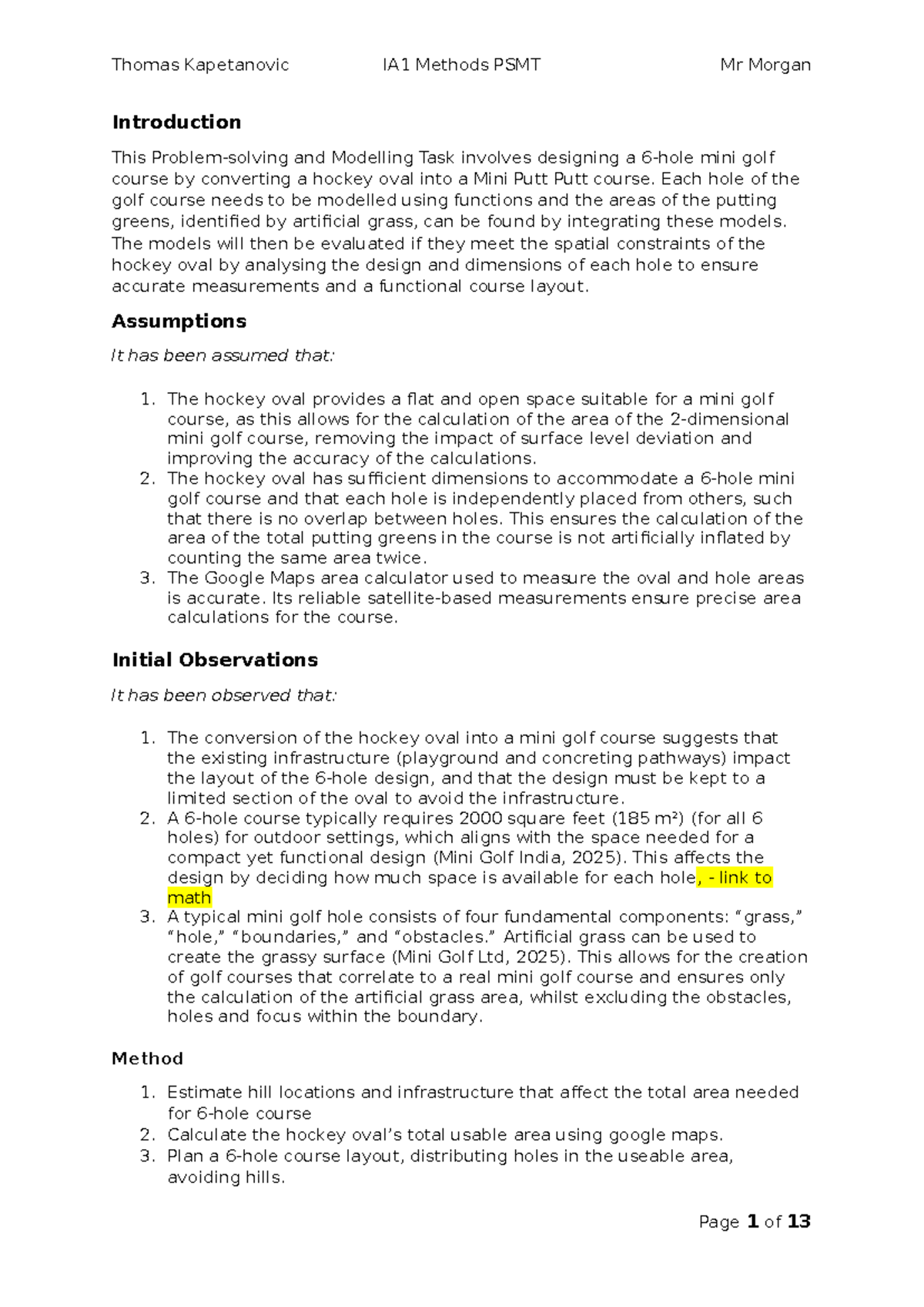 Thomas Kapetanovic IA1 Methods PSMT Mr Morgan Mini Golf Course Design ...