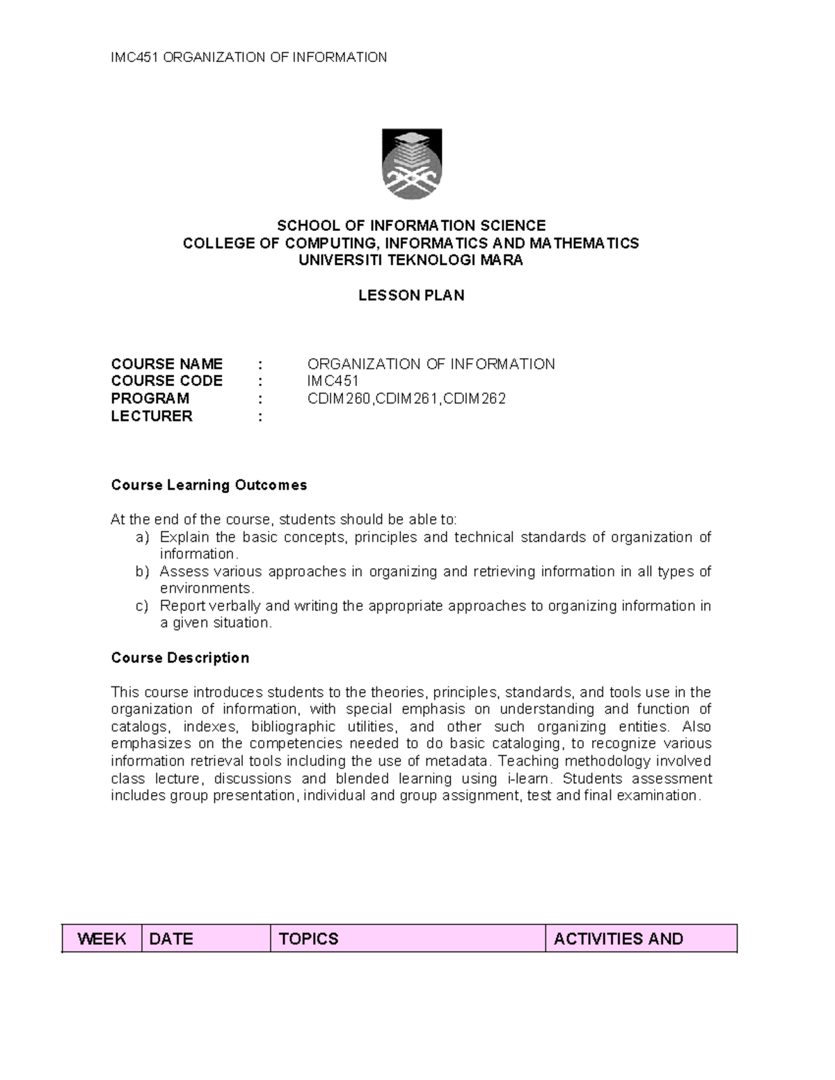 IMC451 Lesson Plan (update) - SCHOOL OF INFORMATION SCIENCE COLLEGE OF ...