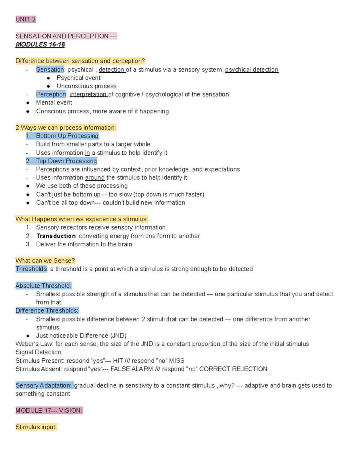 PSY 100 - EXAM 2 - CSU PSY 100 - UNIT 2 SENSATION AND PERCEPTION ...