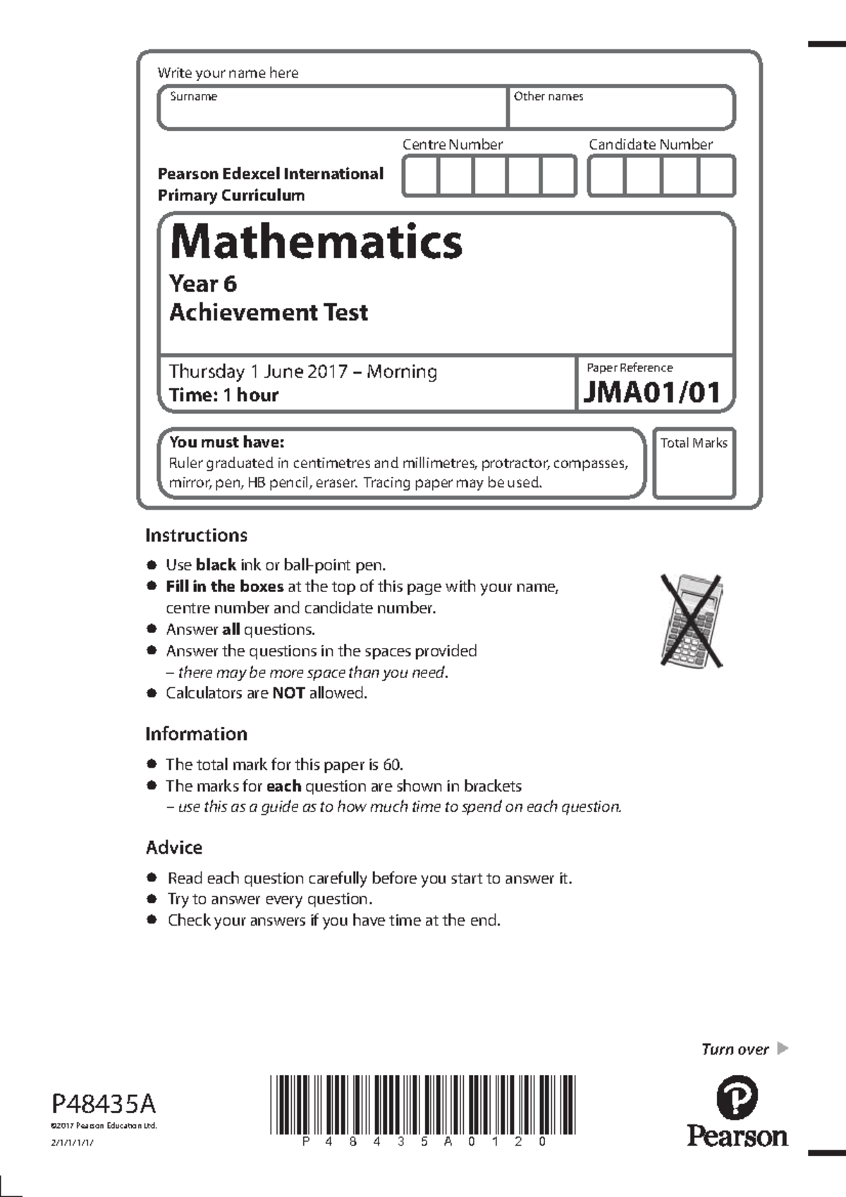 Edexcel International Primary Curriculum Math Year 6 Achievement Test ...