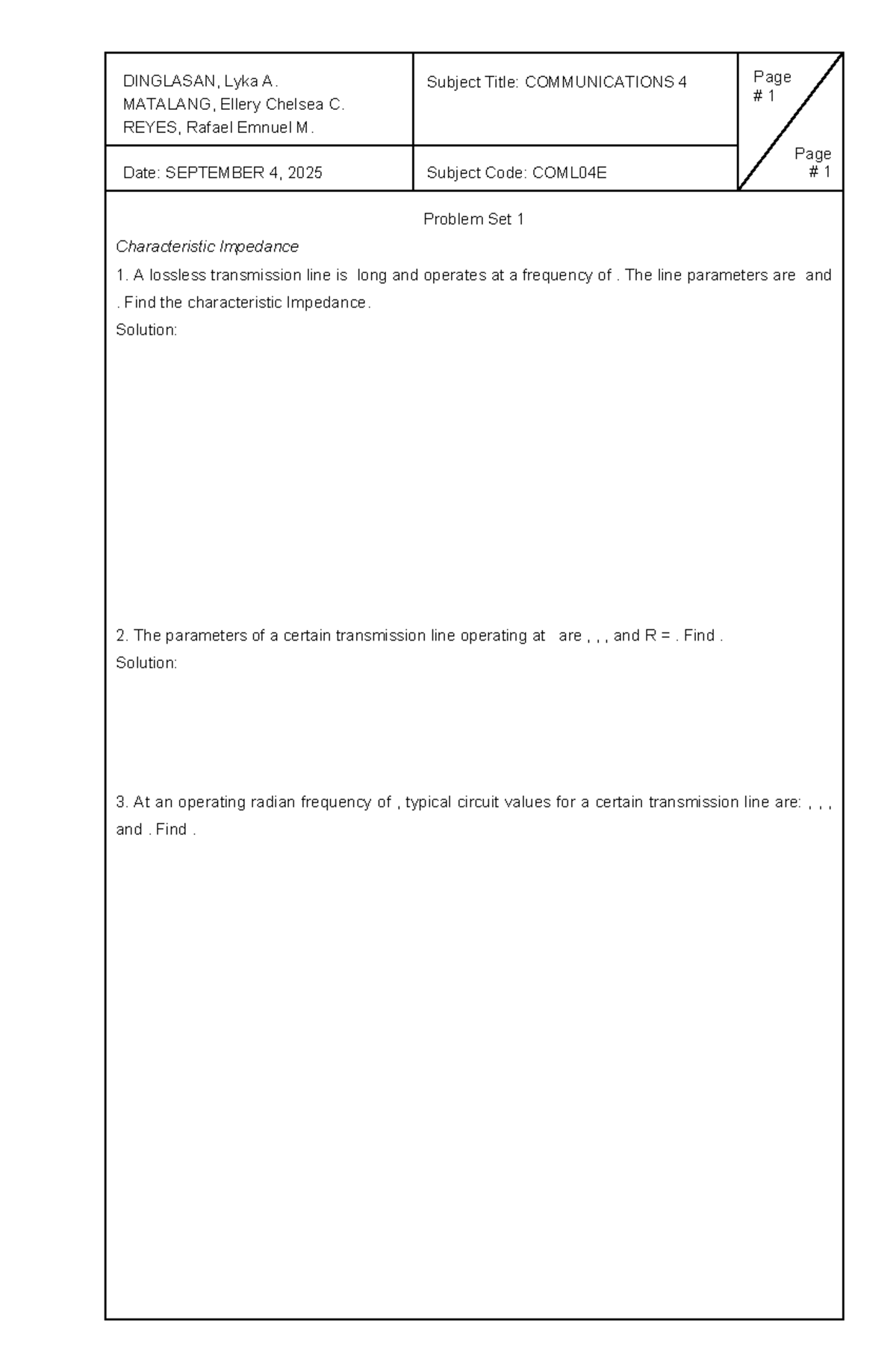 COML04E Problem Set 01: Characteristic Impedance & SWR Analysis - Studocu