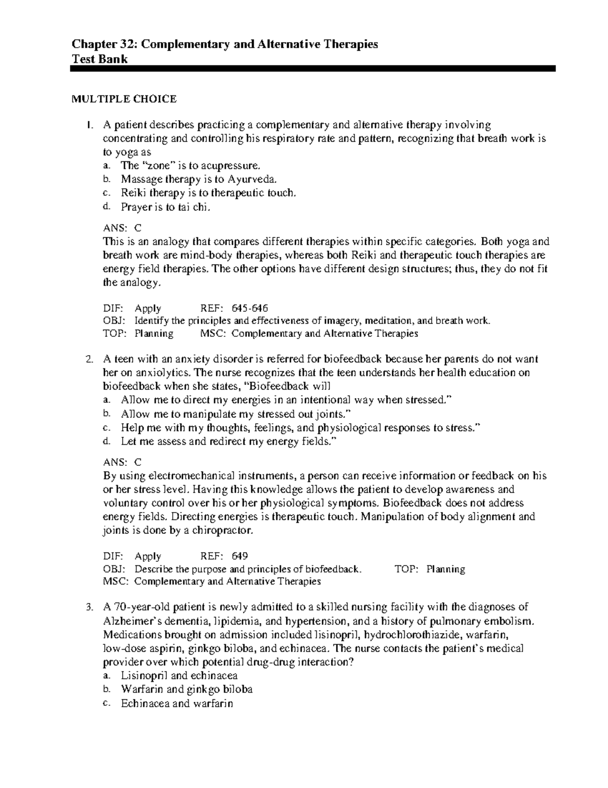 Chapter 32 - Complementary and Alternative Therapies Test Bank Notes ...