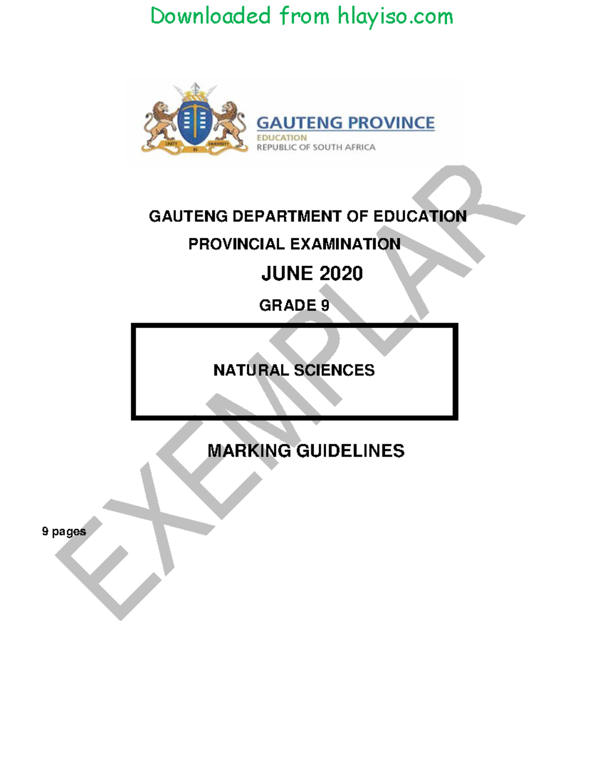 GR9 Natural SC (English) 2020 Exemplars Possible Answers hlayiso.com ...