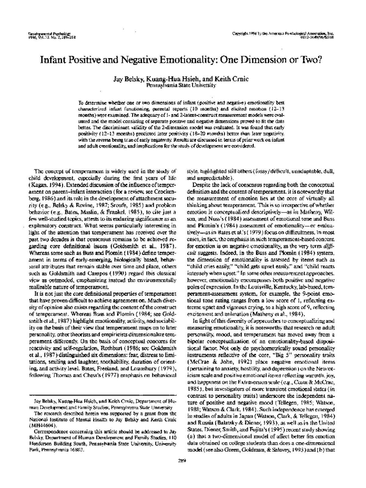 Infant Emotionality: Positive and Negative Dimensions Analysis (PSY ...