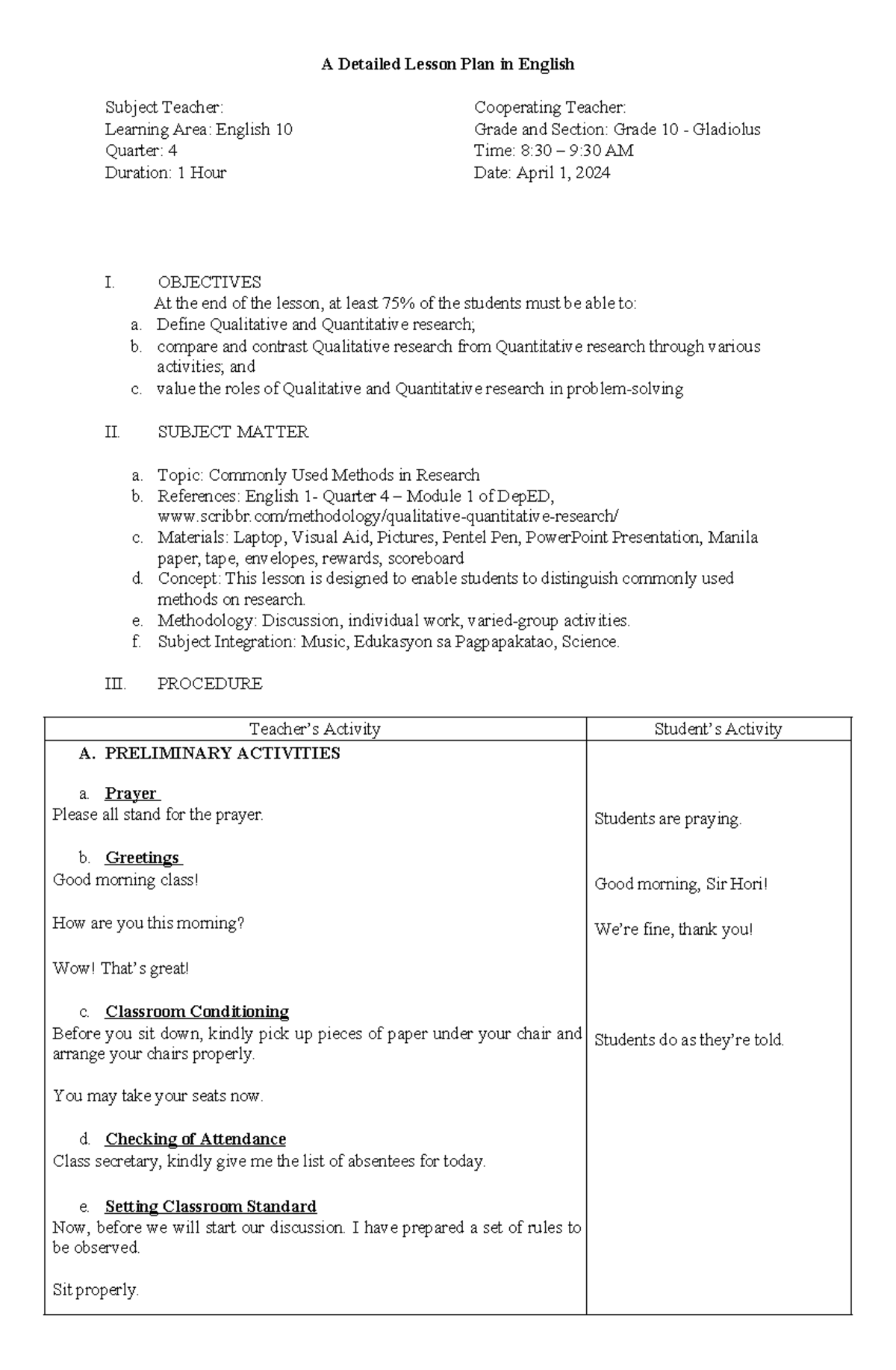 Detailed Lesson Plan: Qualitative vs Quantitative Research (Eng 10 ...