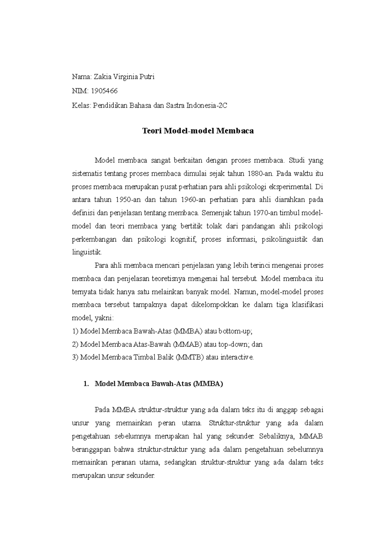 Teori Model Membaca dalam Pendidikan Bahasa dan Sastra (PBSI-2C) - Studocu