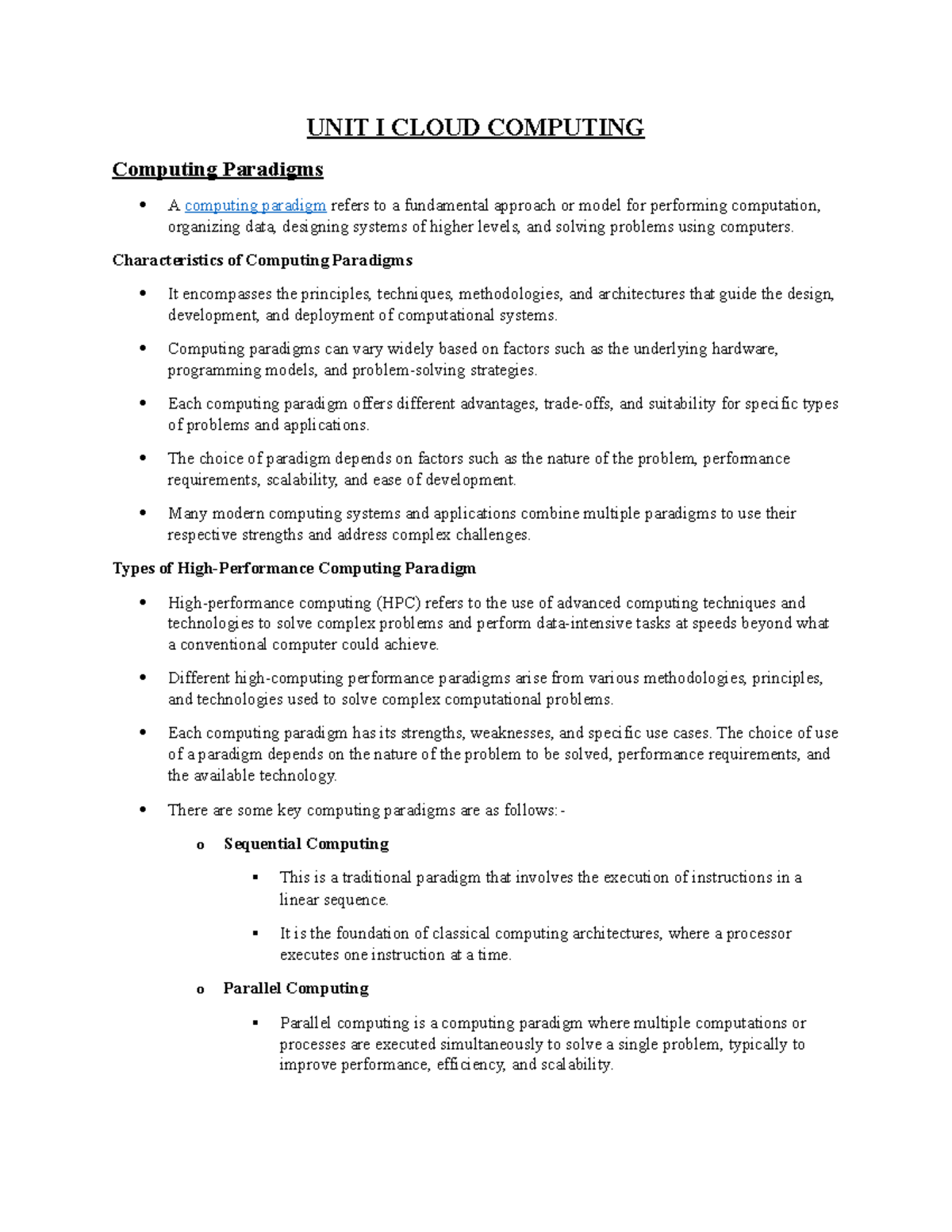 Unit I cloud computing - Notes - UNIT I CLOUD COMPUTING Computing ...