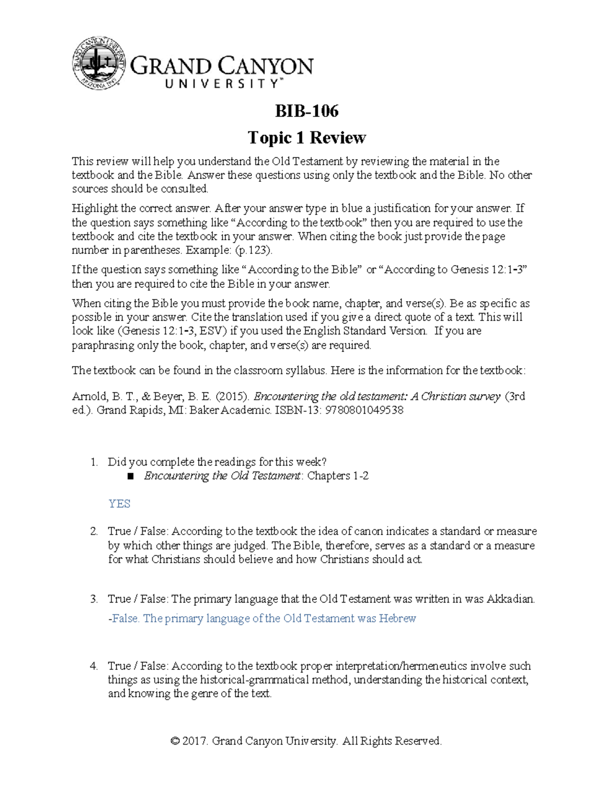 BIB-106 Topic 1 Old Testament Review & Quiz Answers Guide - Studocu