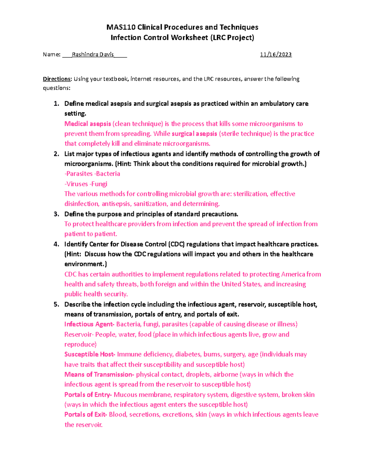 MAS110 Week 1 Assignment 2: Infection Control Worksheet Guide - Studocu