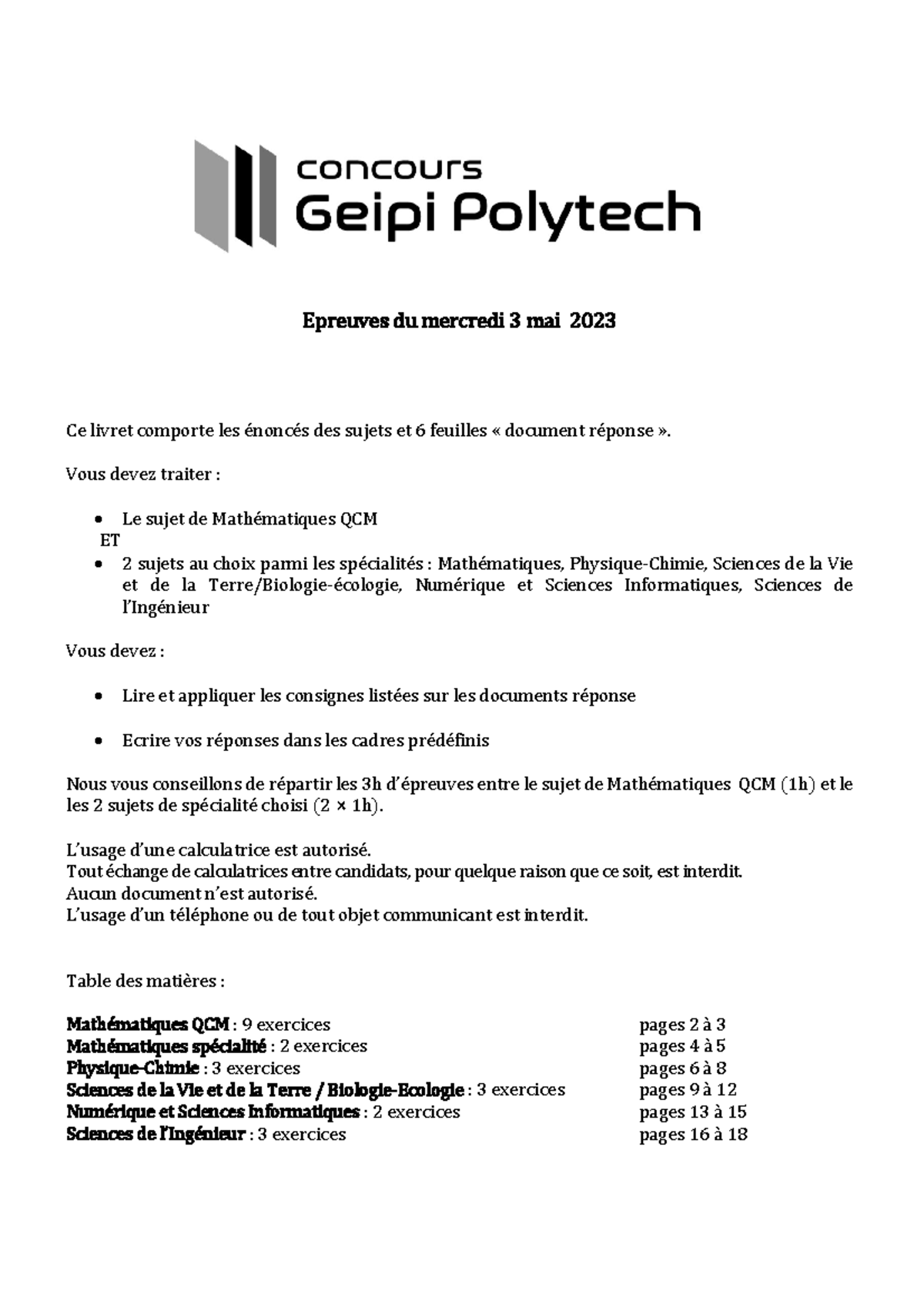 Énoncé du Concours Geipi Polytech 2023 - Mathématiques et Sciences ...