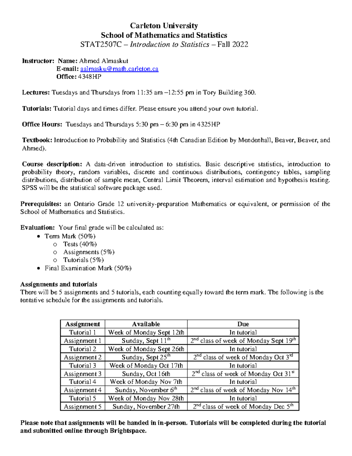 STAT2507C - Fall 2022 Course Outline for Intro to Statistics - Studocu