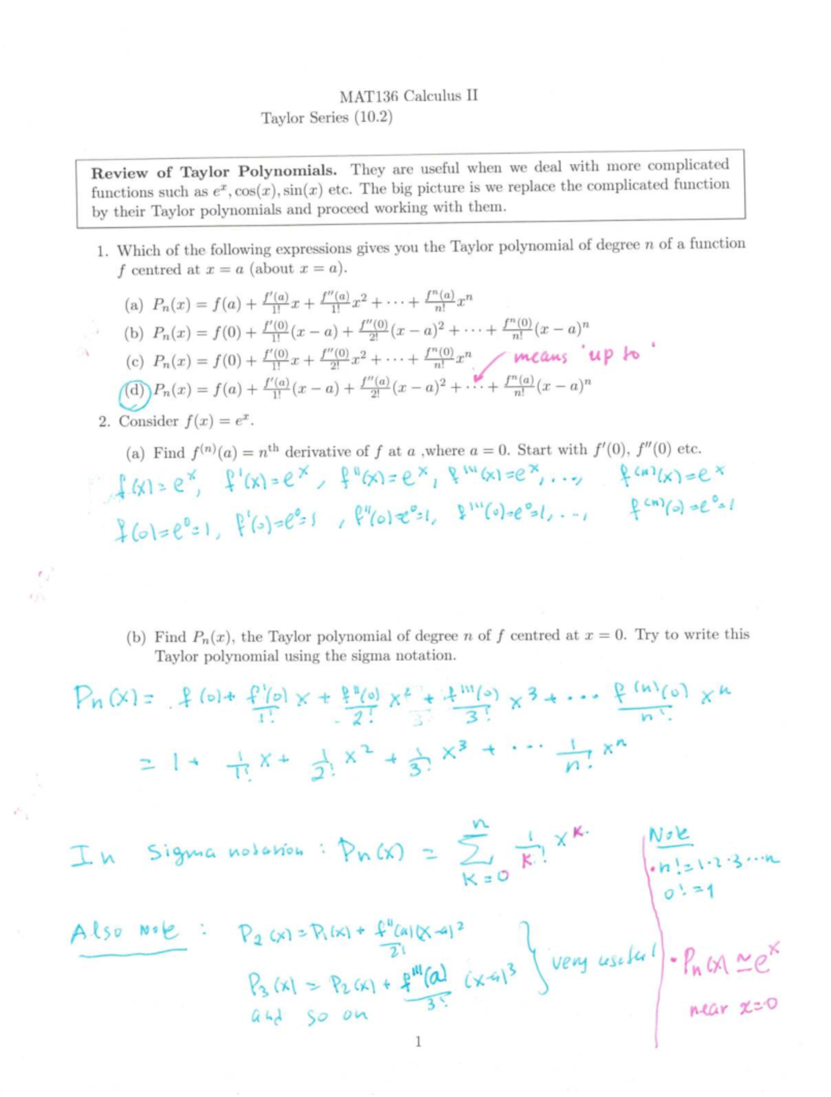 MAT136 Calculus II: Taylor Series Review & Practice Problems - Studocu