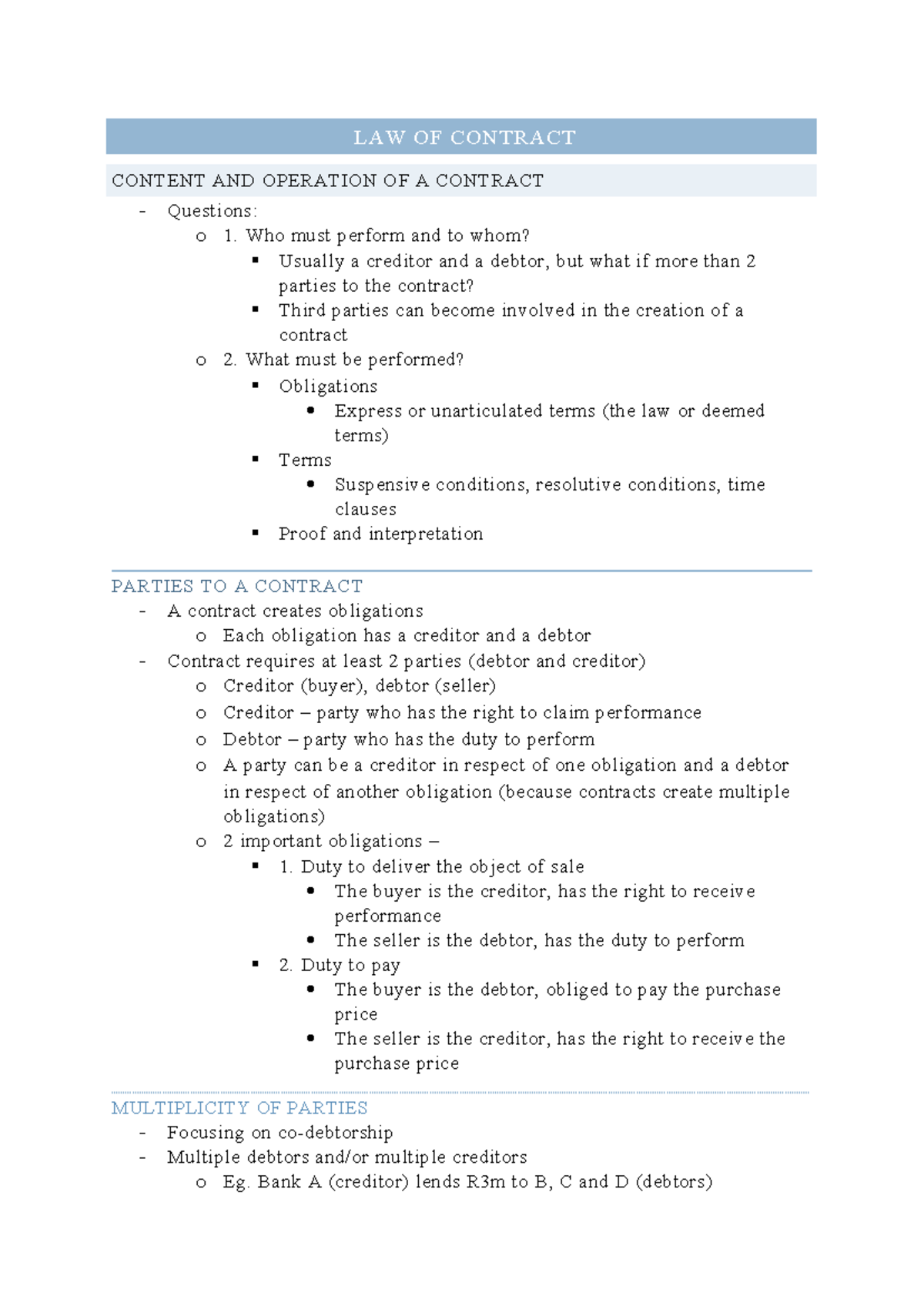 Law of Contract - Semester 2 - 2024 - Comprehensive Study Notes - Studocu