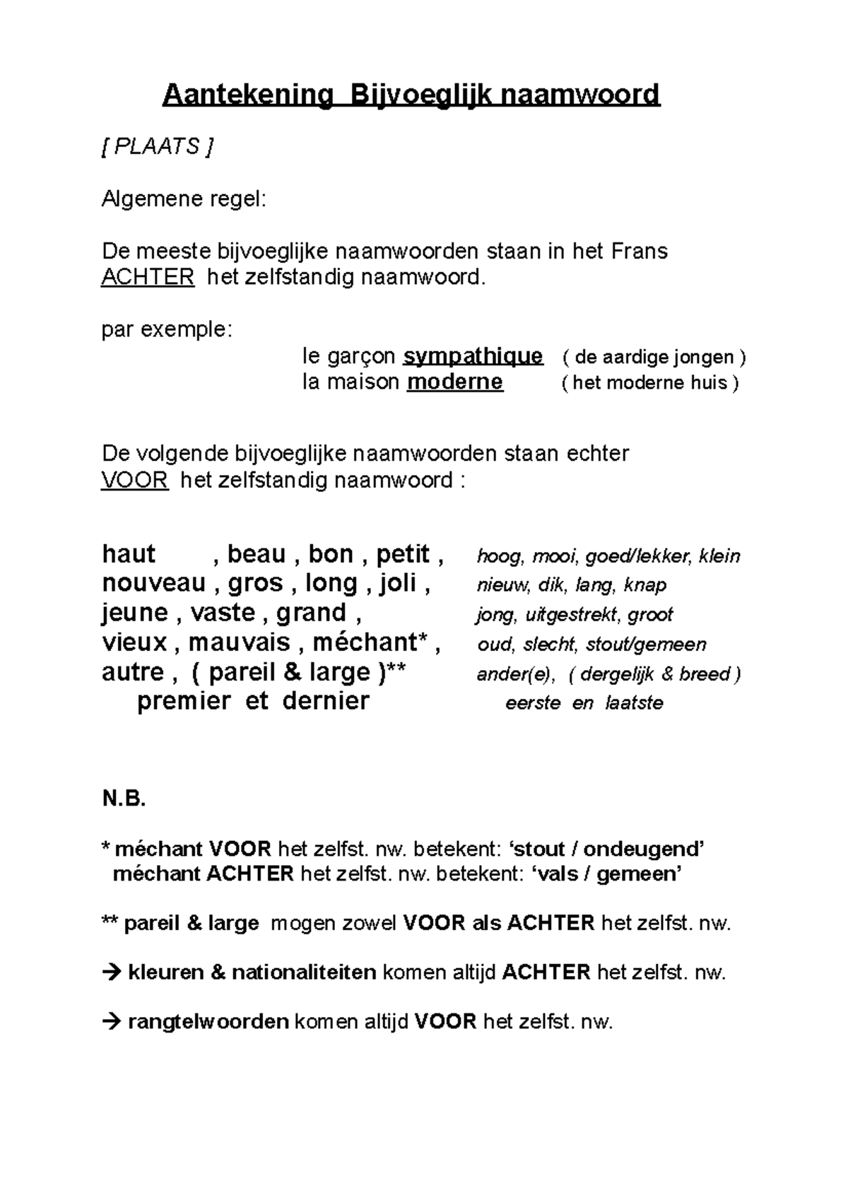 Aantekeningen Over Bijvoeglijke Naamwoorden in het Frans - Studeersnel
