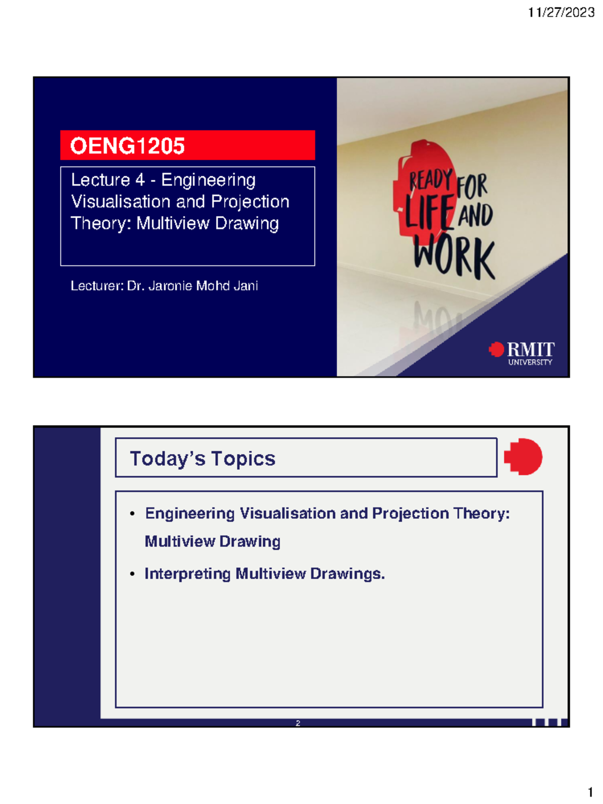 OENG1205 Lecture 4: Engineering Visualisation & Projection Theory - Studocu