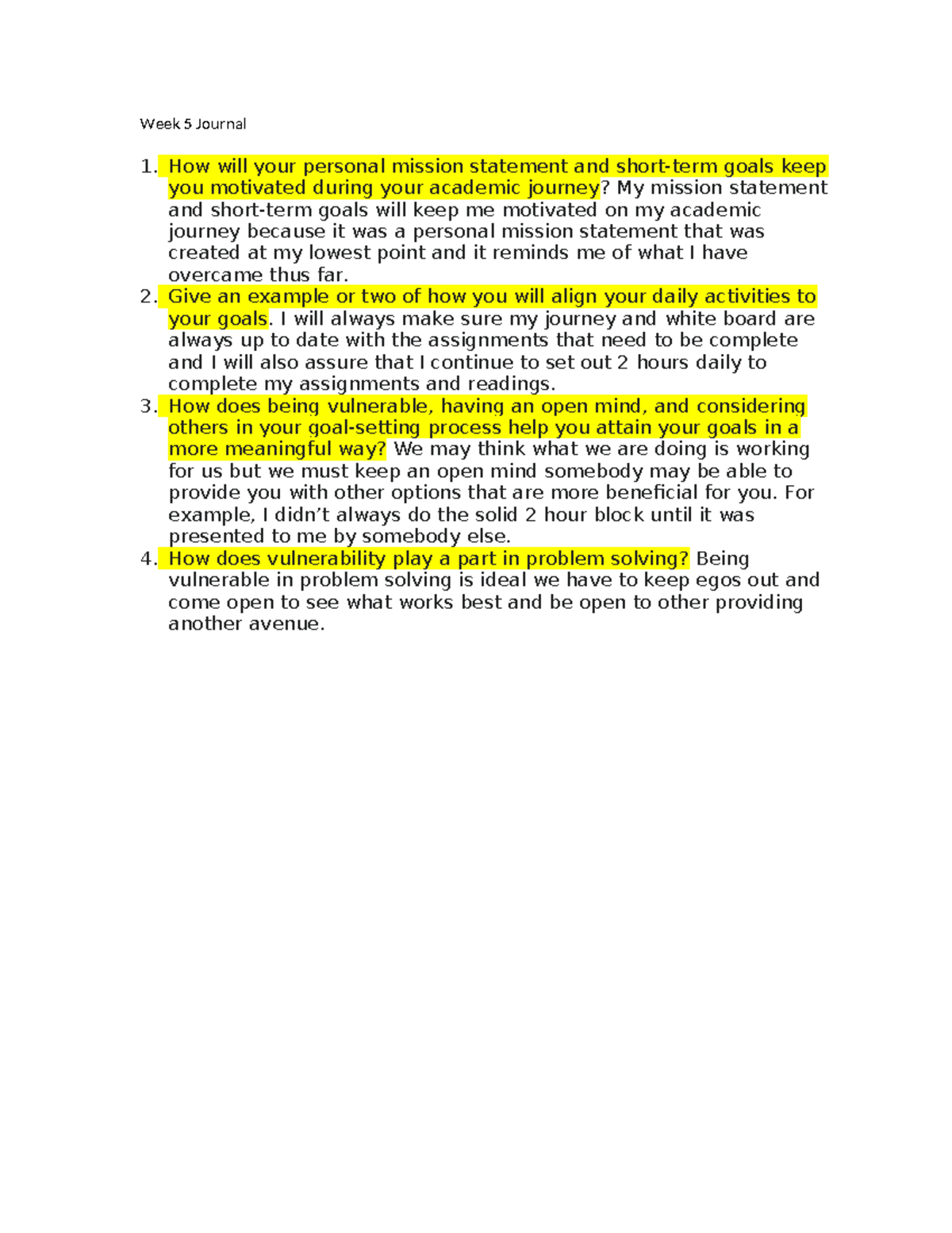 Week 5 Reflection Journal: Personal Mission and Goal Alignment - Studocu