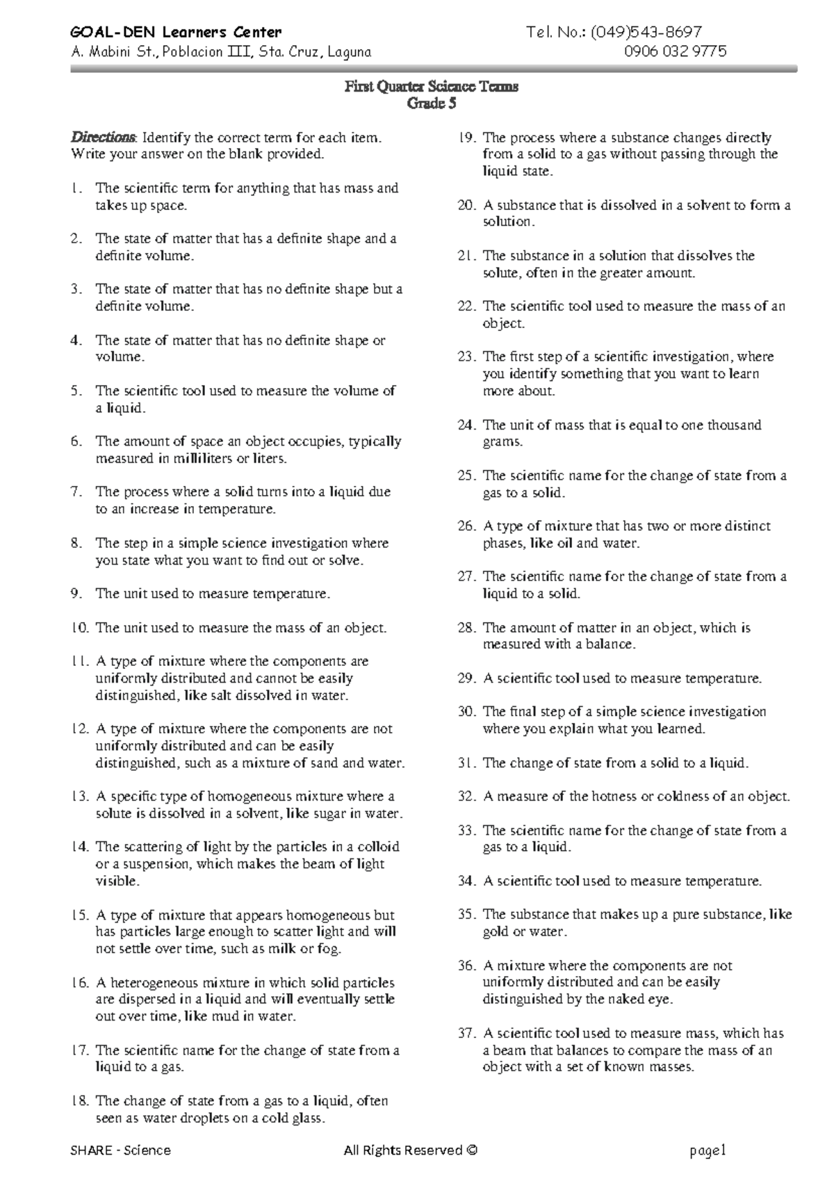 First Quarter Science Terms for Grade 5 (SCI 101) - Studocu