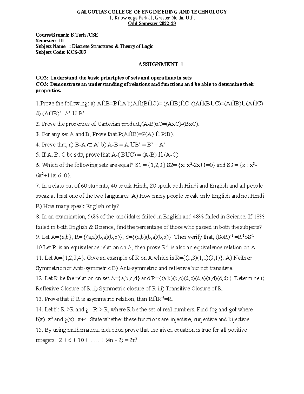 Discrete Structures & Logic Assignments 1 & 2 (KCS-III) - Studocu